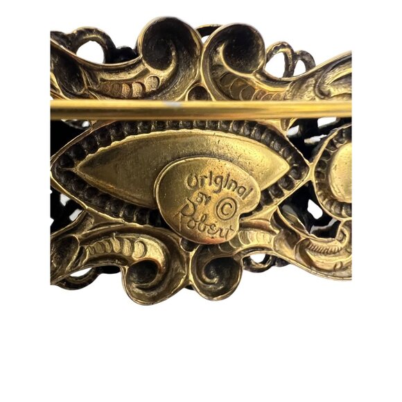 Vintage Original By Robert Amber Glass Cabochon Filigree Bar Brooch Rhinestones - Picture 3 of 9